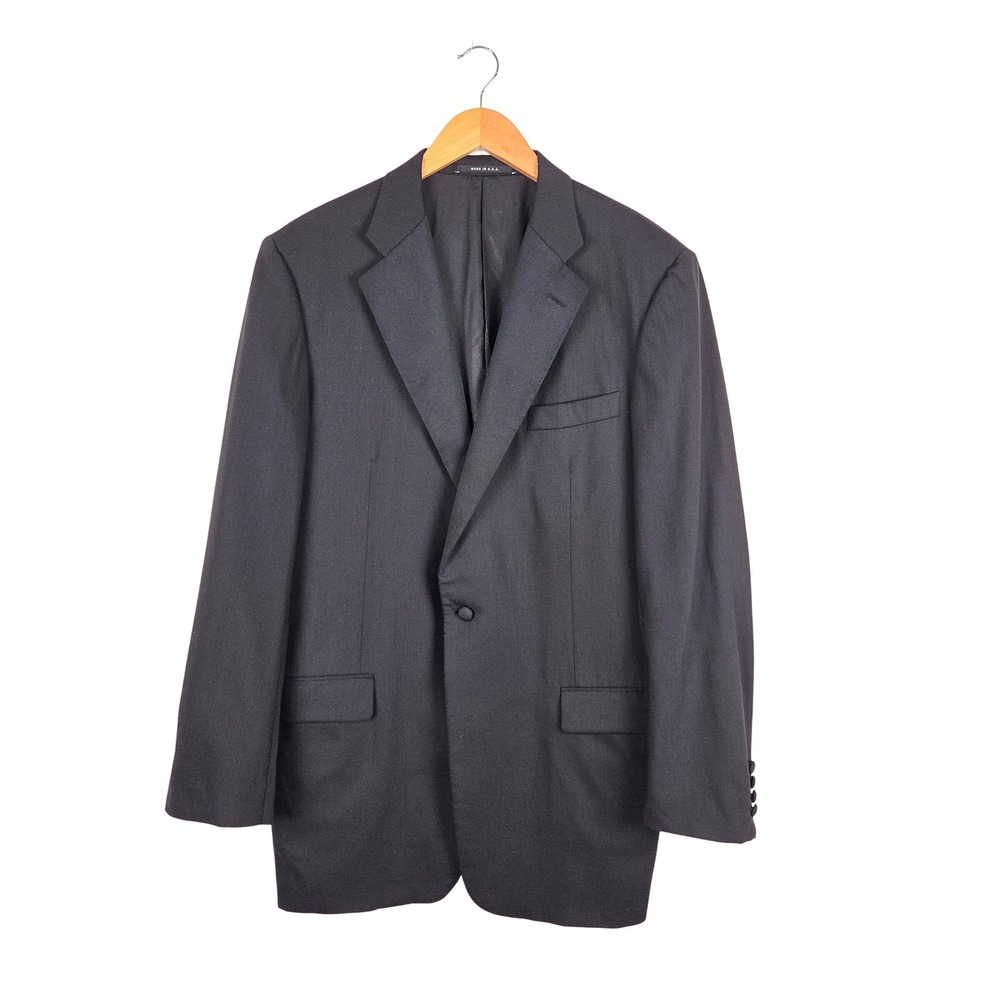 Vintage Hickey Freeman Mens Black Tuxedo‎ Jacket Worsted Wool Peak Lapel USA 42L